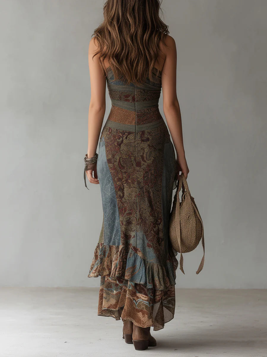 Elena ∙ Long one-shoulder printed dress in ethnic style with high slit
