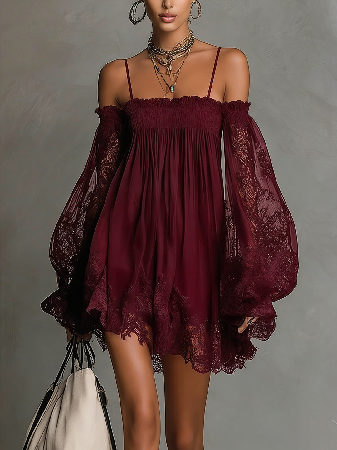 Noemi • Navy blue chiffon mini dress with off-shoulder neckline, lace trim, and sheer sleeves
