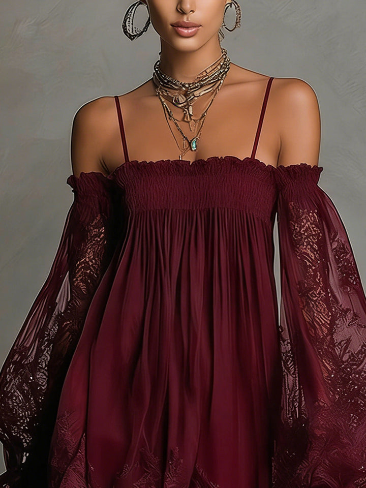 Noemi • Navy blue chiffon mini dress with off-shoulder neckline, lace trim, and sheer sleeves