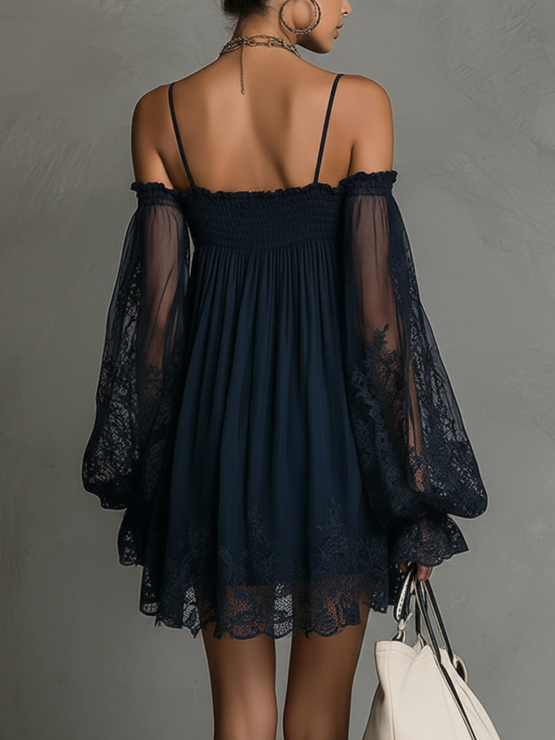 Noemi • Navy blue chiffon mini dress with off-shoulder neckline, lace trim, and sheer sleeves