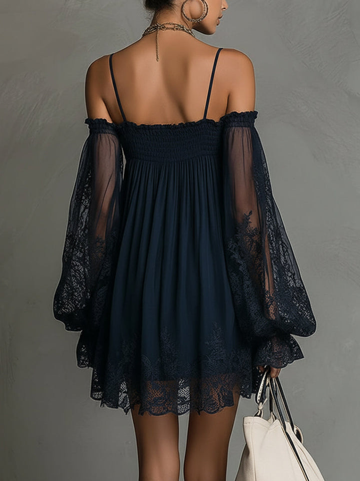 Noemi • Navy blue chiffon mini dress with off-shoulder neckline, lace trim, and sheer sleeves