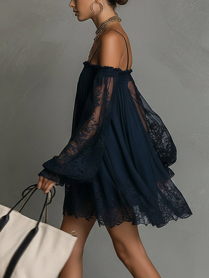 Noemi • Navy blue chiffon mini dress with off-shoulder neckline, lace trim, and sheer sleeves