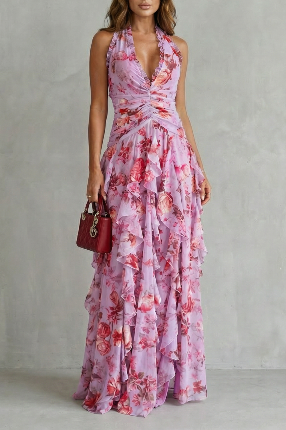 Belladina | Romantica Cascata di Rose Langes Kleid mit Amerikanischem Ausschnitt