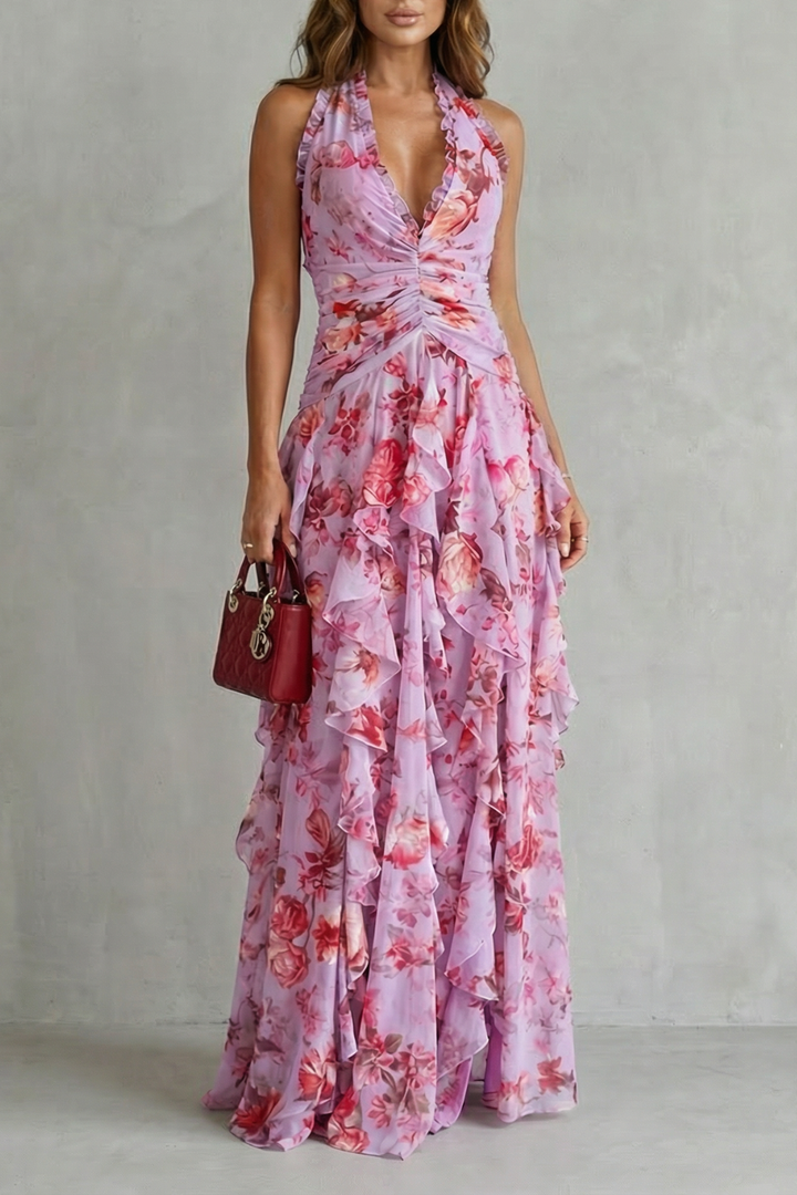 Belladina | Romantica Cascata di Rose Langes Kleid mit Amerikanischem Ausschnitt
