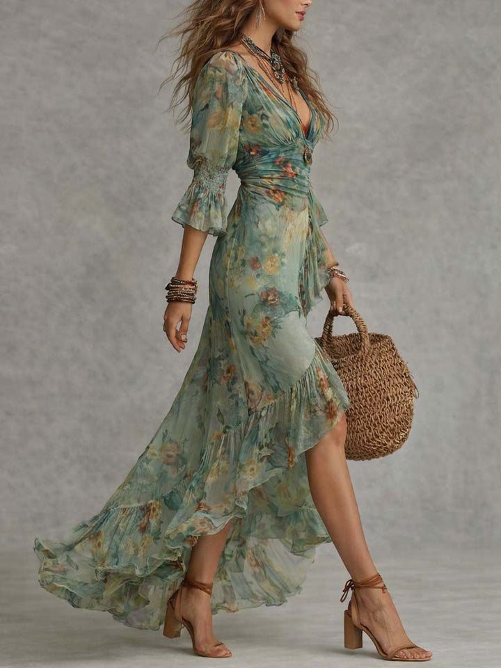 Aurora - long floral boho dress with romantic asymmetric hem