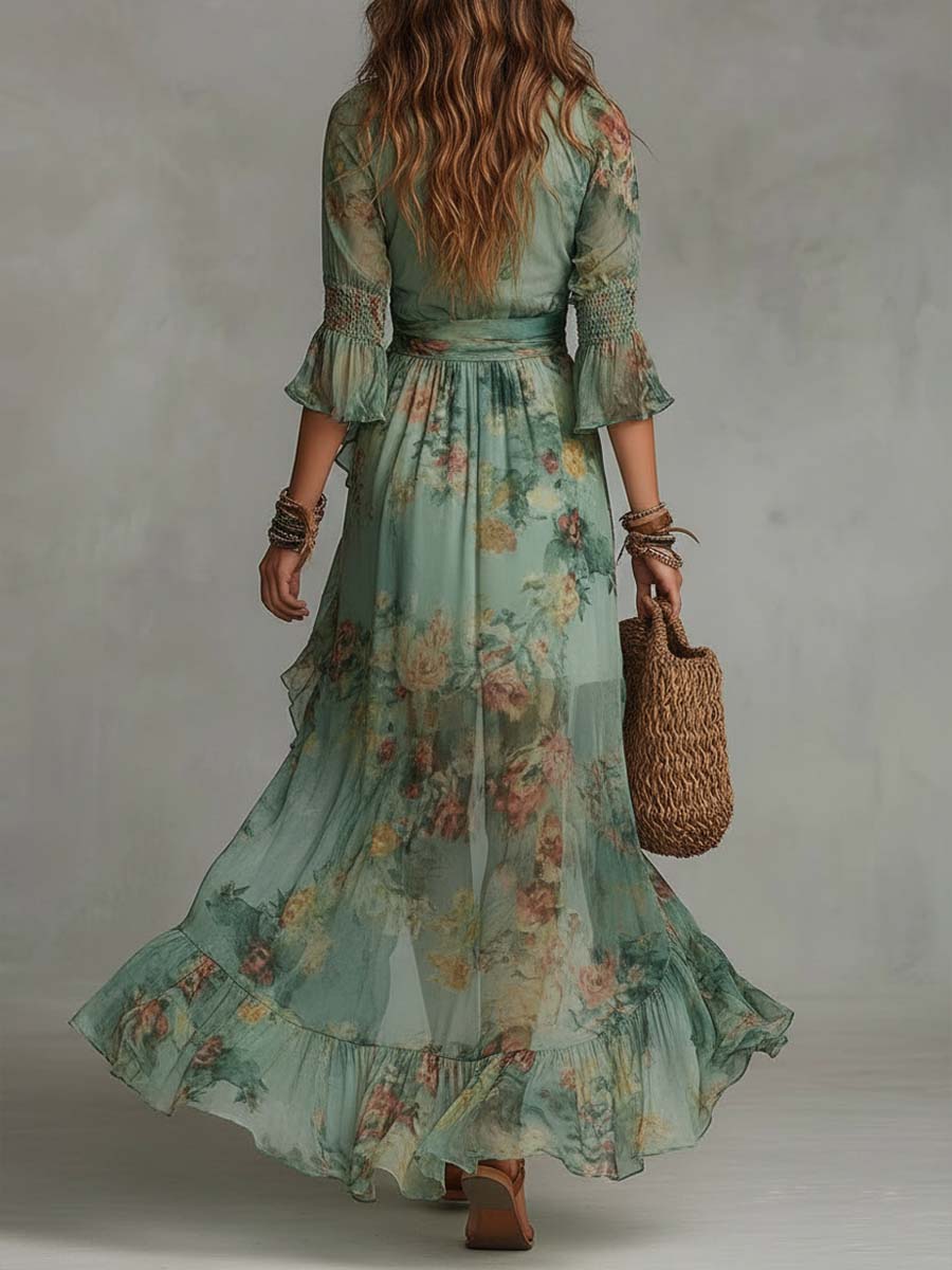 Aurora - long floral boho dress with romantic asymmetric hem