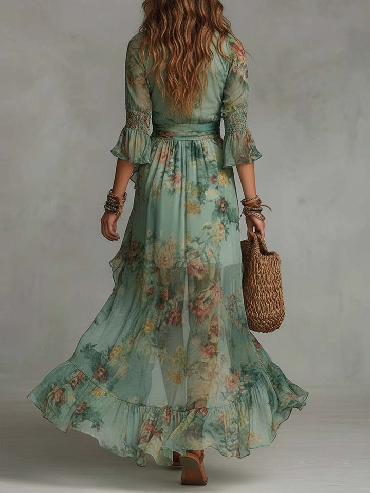 Aurora - long floral boho dress with romantic asymmetric hem