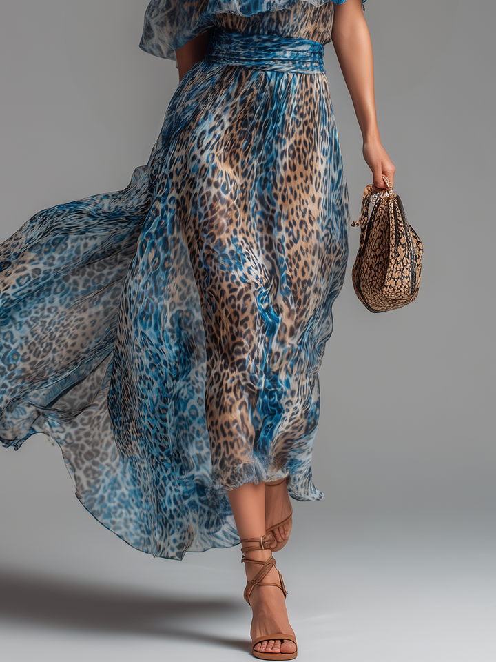 Violet - Long chiffon dress with leopard print and bare shoulders