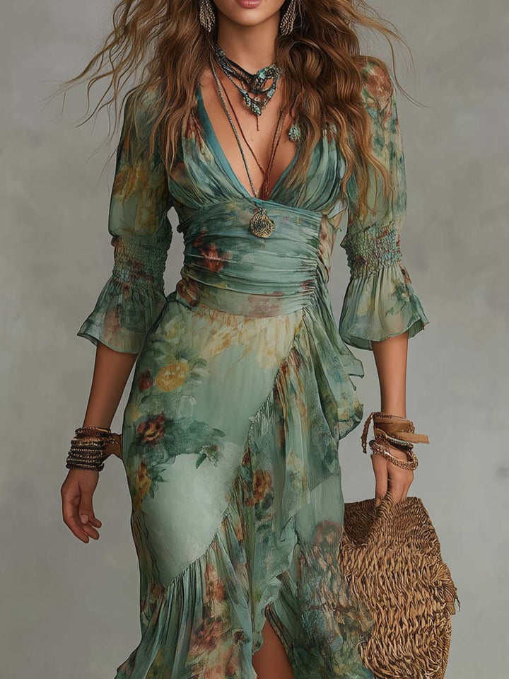 Aurora - long floral boho dress with romantic asymmetric hem