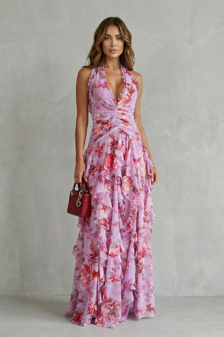 Belladina | Romantica Cascata di Rose Langes Kleid mit Amerikanischem Ausschnitt