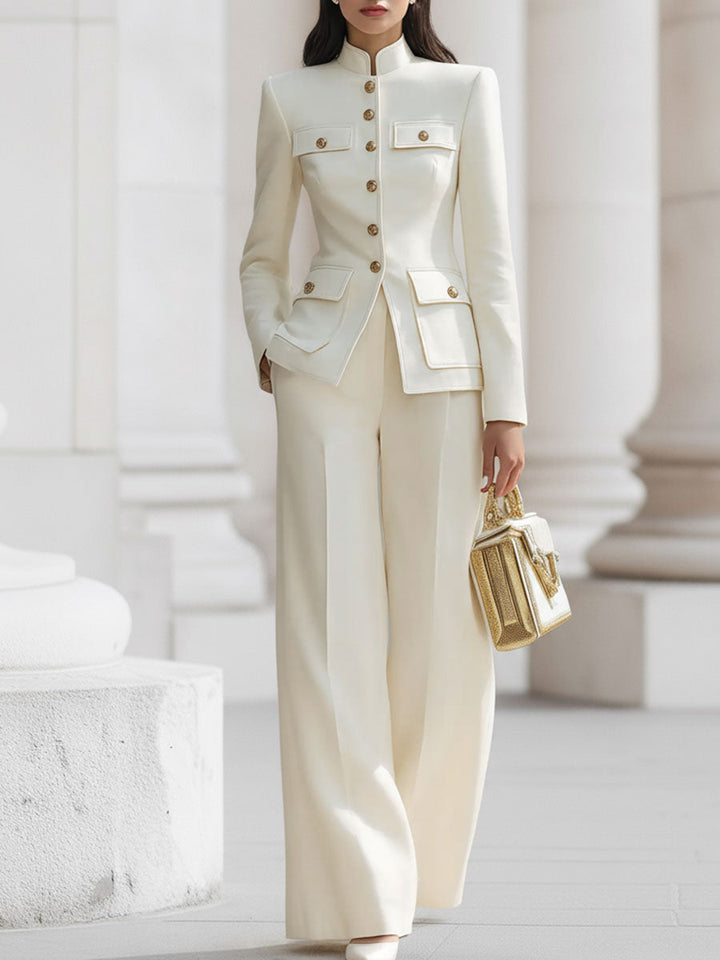 Christina - Elegant Cream Tailored Suit Set with Gold Accents