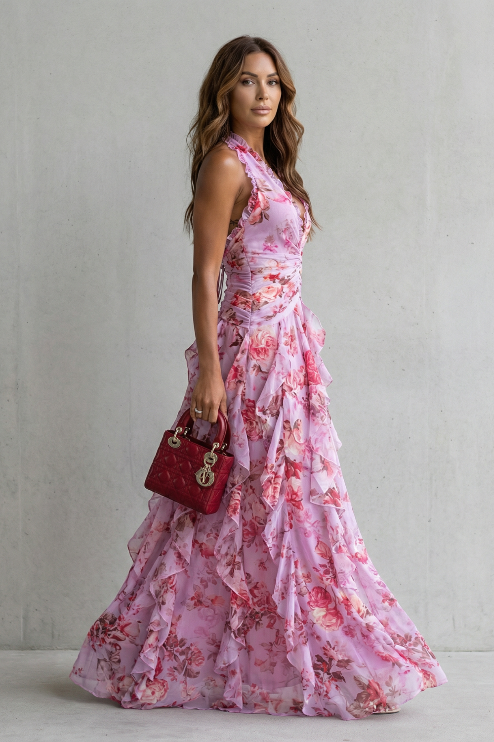 Belladina | Romantica Cascata di Rose Langes Kleid mit Amerikanischem Ausschnitt