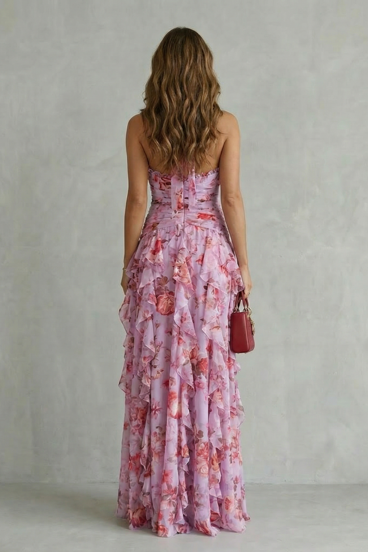 Belladina | Romantica Cascata di Rose Langes Kleid mit Amerikanischem Ausschnitt