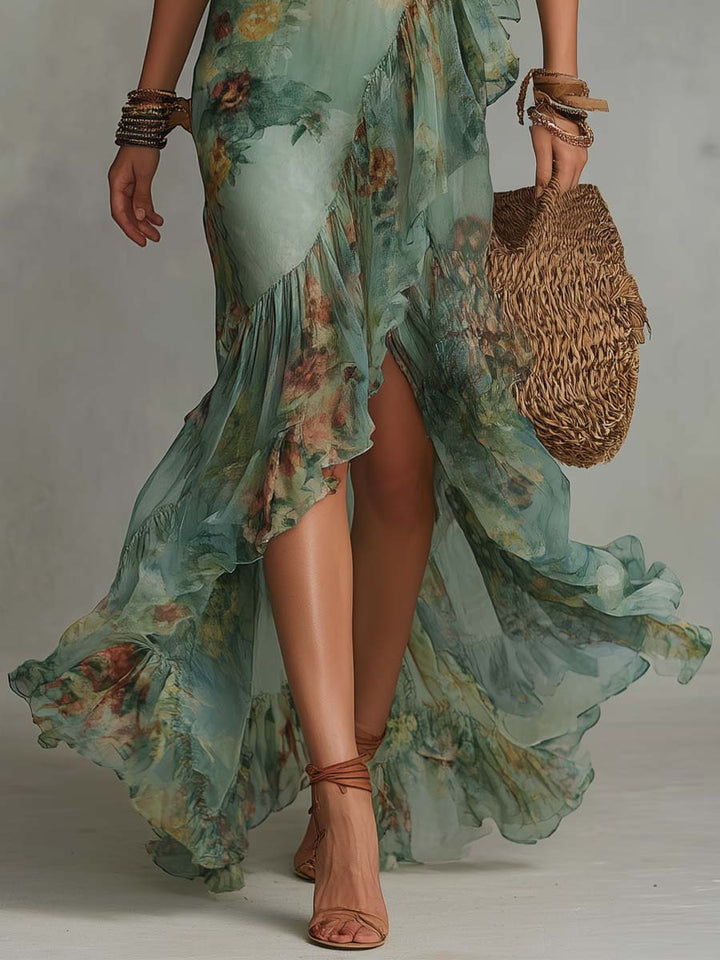 Aurora - long floral boho dress with romantic asymmetric hem