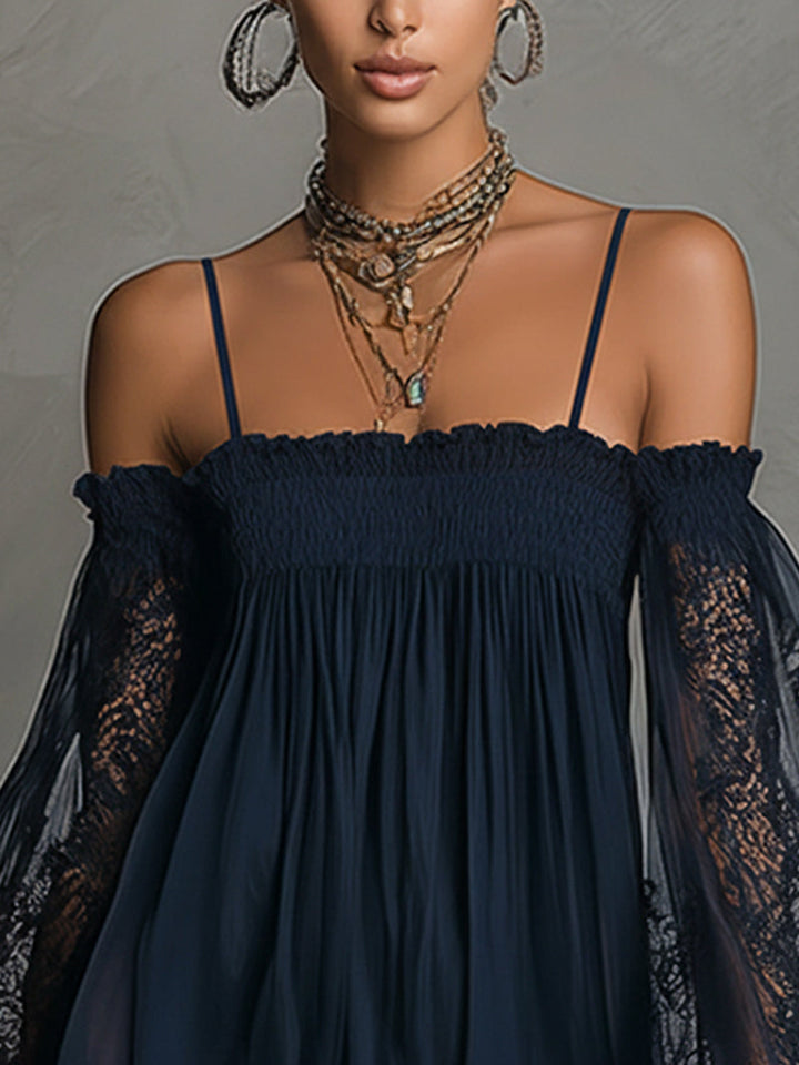 Noemi • Navy blue chiffon mini dress with off-shoulder neckline, lace trim, and sheer sleeves