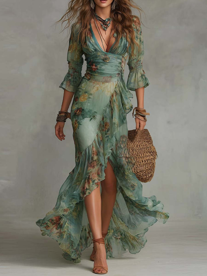 Aurora - long floral boho dress with romantic asymmetric hem