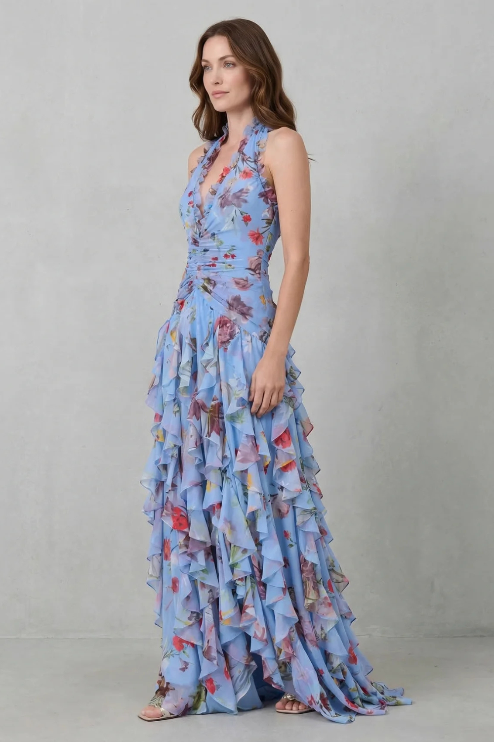 Belladina | Romantica Cascata di Rose Langes Kleid mit Amerikanischem Ausschnitt