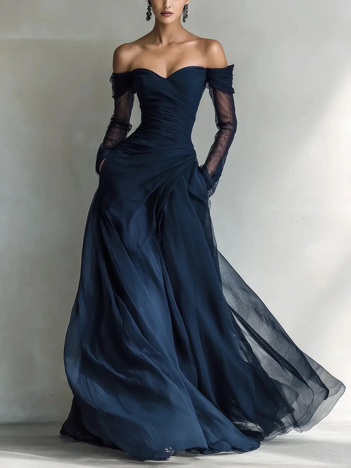 Eleonora • Long dress with off-shoulder design and mesh inserts