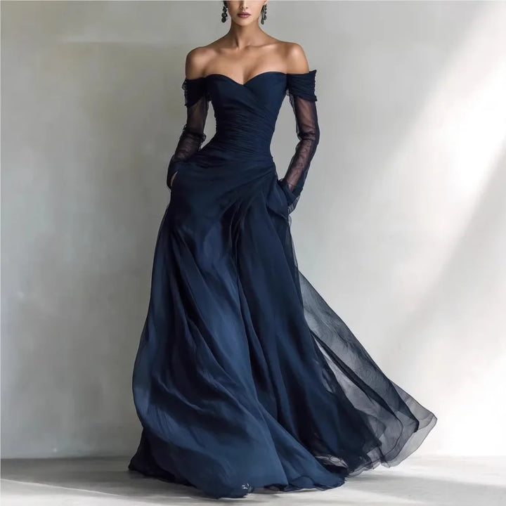 Eleonora • Long dress with off-shoulder design and mesh inserts