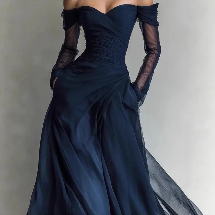 Eleonora • Long dress with off-shoulder design and mesh inserts