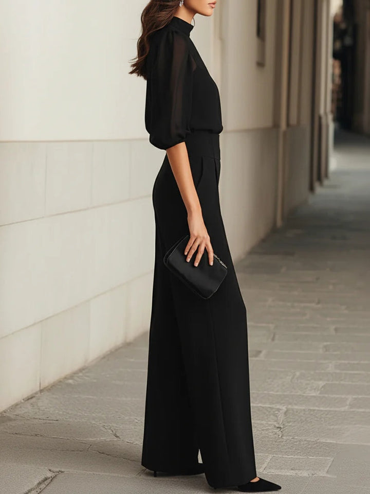 Valentina • Three-piece black set, consisting of a sheer camisole top and wide-leg pants