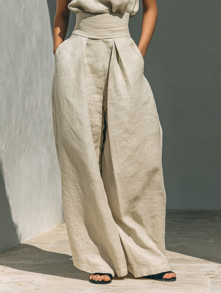 Aurora • Composed set of sleeveless beige top in cotton-linen blend and wide-leg pants