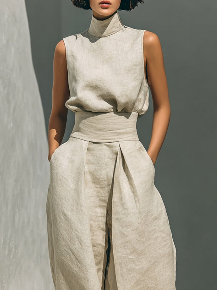 Aurora • Composed set of sleeveless beige top in cotton-linen blend and wide-leg pants