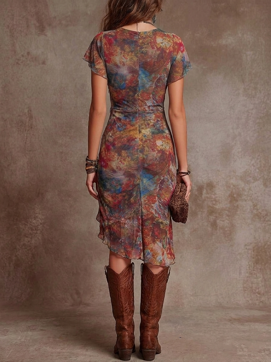 Martina · Midi Pleated Dress with V-Neck, Abstract Art Print in Bohemian Style