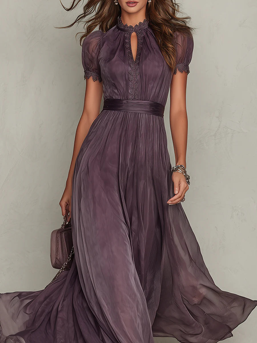 Flavia - Long Purple Dress with Keyhole Neckline and Chiffon Lace Trim