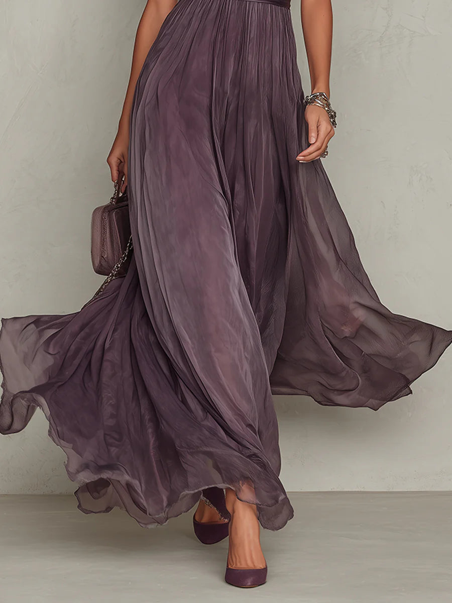 Flavia - Long Purple Dress with Keyhole Neckline and Chiffon Lace Trim