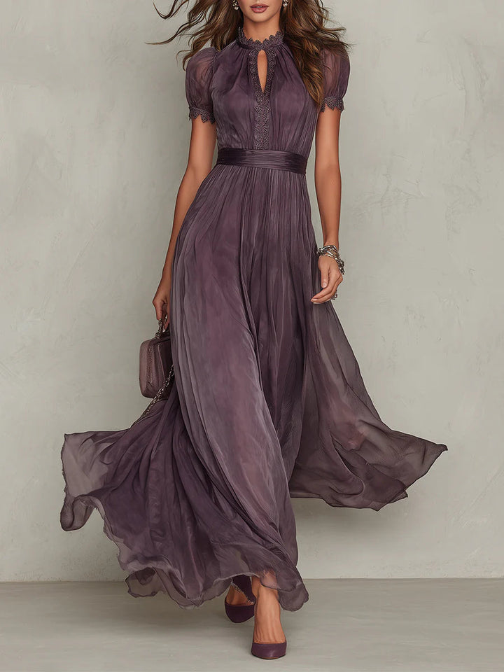 Flavia - Long Purple Dress with Keyhole Neckline and Chiffon Lace Trim