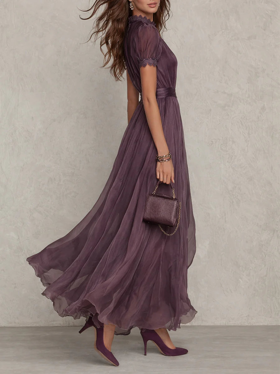 Flavia - Long Purple Dress with Keyhole Neckline and Chiffon Lace Trim