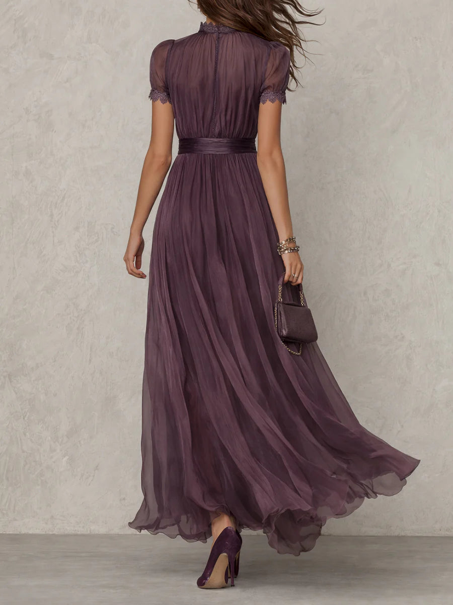 Flavia - Long Purple Dress with Keyhole Neckline and Chiffon Lace Trim