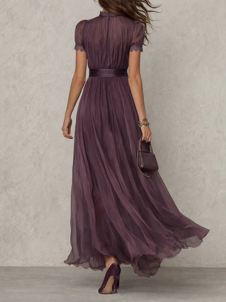 Flavia - Long Purple Dress with Keyhole Neckline and Chiffon Lace Trim