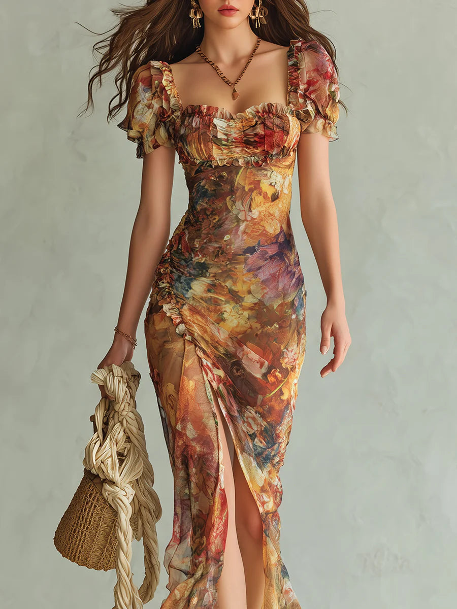 Viola - Long orange chiffon dress with bohemian oil print