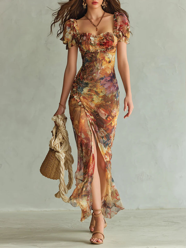 Viola - Long orange chiffon dress with bohemian oil print