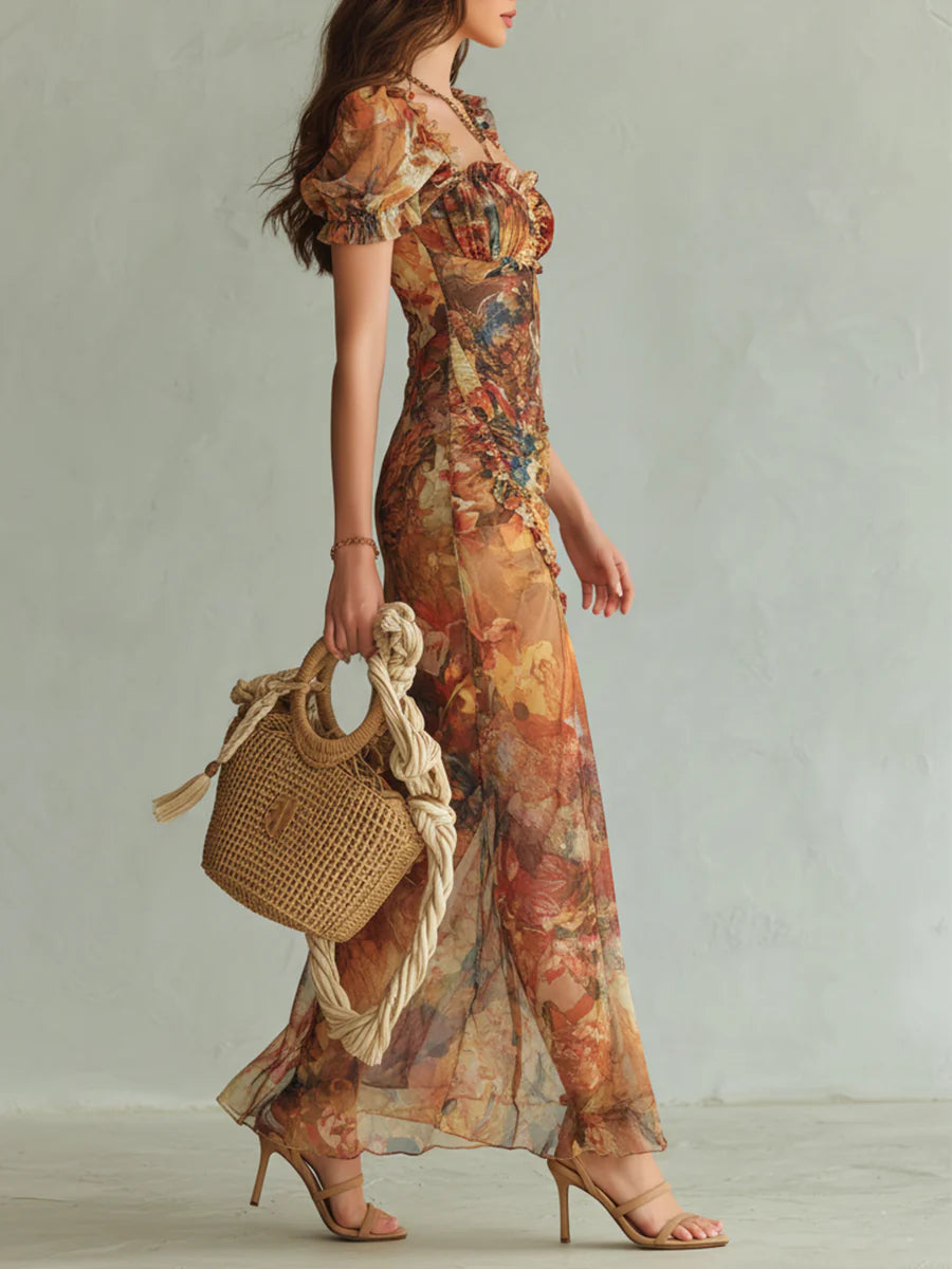 Viola - Long orange chiffon dress with bohemian oil print