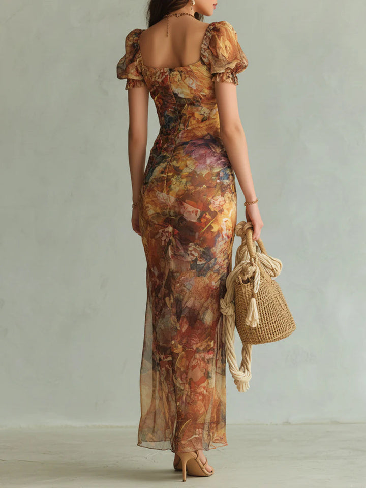 Viola - Long orange chiffon dress with bohemian oil print