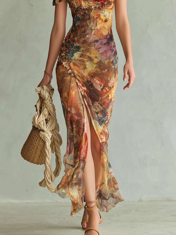 Viola - Long orange chiffon dress with bohemian oil print