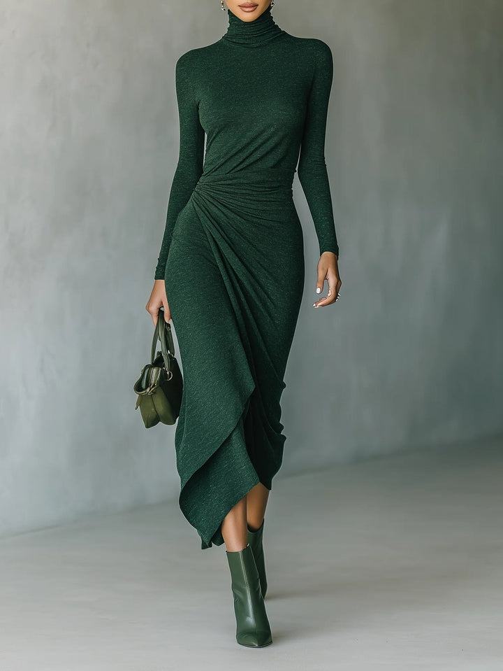 Lenora ∙ Asymmetrical Wrap Midi Dress with Pleats and High Neck in Dark Green