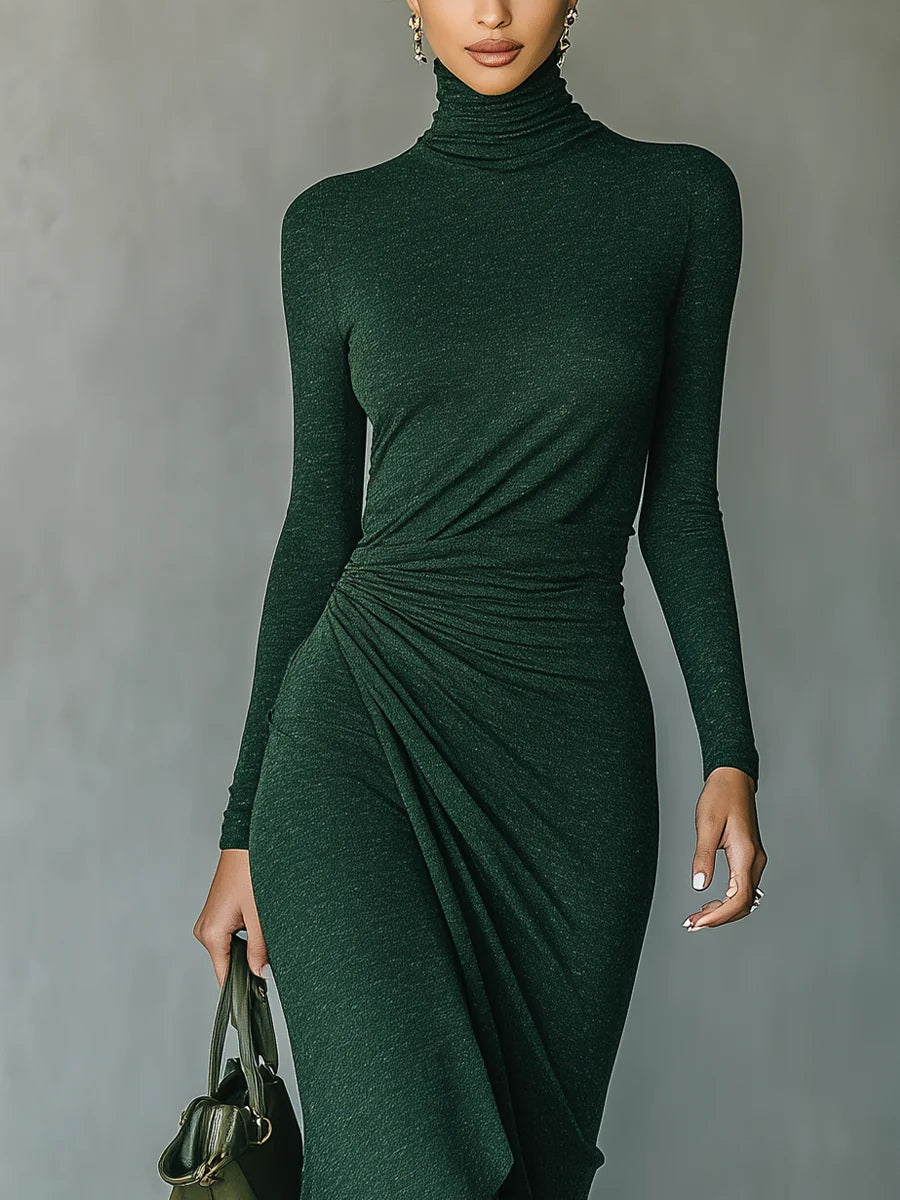 Lenora ∙ Asymmetrical Wrap Midi Dress with Pleats and High Neck in Dark Green