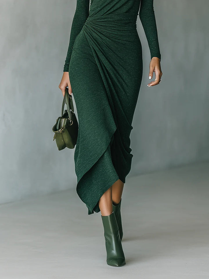 Lenora ∙ Asymmetrical Wrap Midi Dress with Pleats and High Neck in Dark Green
