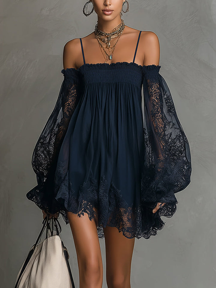 Noemi • Navy blue chiffon mini dress with off-shoulder neckline, lace trim, and sheer sleeves