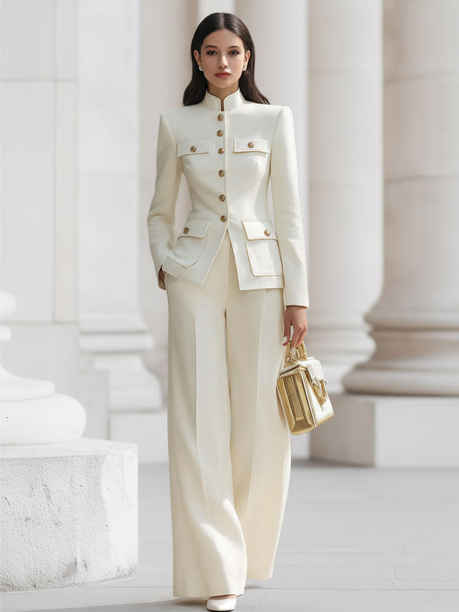 Christina - Elegant Cream Tailored Suit Set with Gold Accents