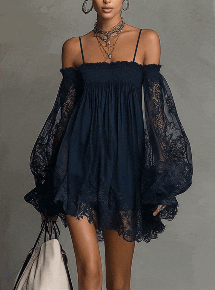 Noemi • Navy blue chiffon mini dress with off-shoulder neckline, lace trim, and sheer sleeves