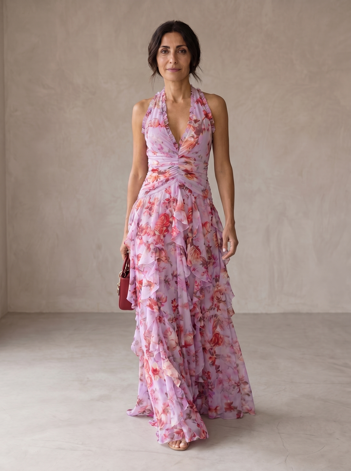 Belladina | Romantica Cascata di Rose Langes Kleid mit Amerikanischem Ausschnitt